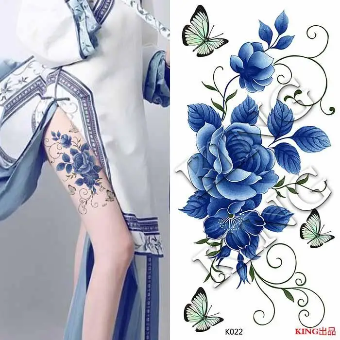 Blue and White Porcelain Butterfly Temporary Tattoo Sticker Fake Tattoos for Women Waterproof Durable Art Sexy Babes Wholesale