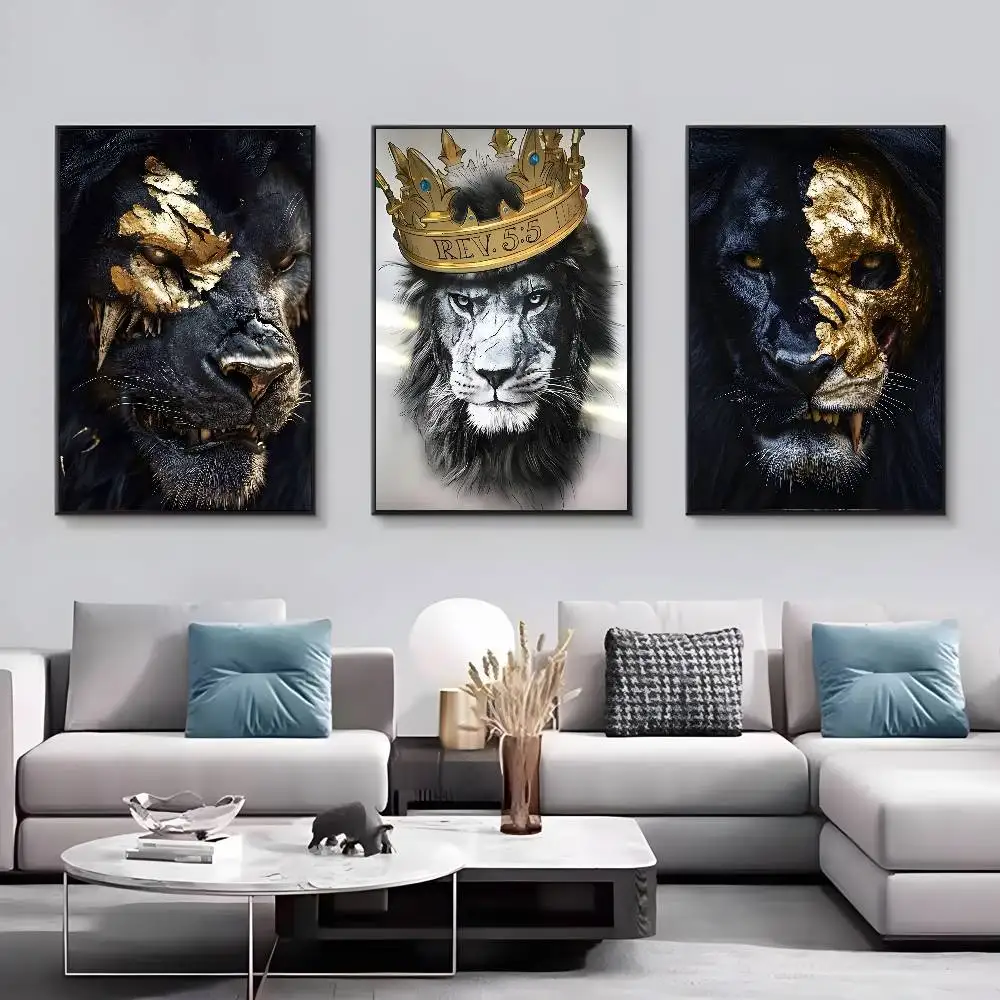 الحيوانات الأسود والذهبي النمر الأسد المشارك الفن قماش HD الجمالية ورق الطباعة جدار الفن لغرفة المعيشة بار ديكور المنزل الموضة