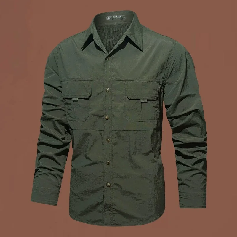 Spring Autumn Ultra-Thin Long Sleeve Tactical Shirt Men's Outdoor Climbing Breathable Multi-Pocket Quick-Drying Collar Shirt