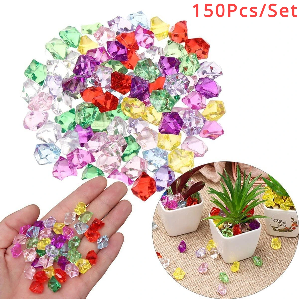 150PCS Multicolored Fake Crushed Ice Rocks, Fake Diamond Plastic Ice Cubes Crystals for Decoration Wedding Display Vase Fillers