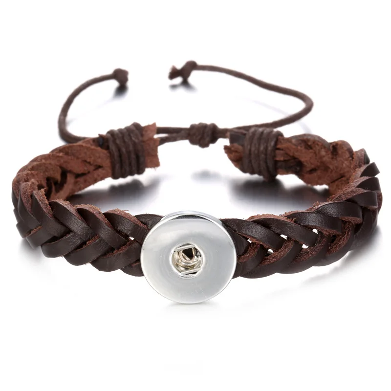 20pcs Fashion Braided Adjustable Black Brown PU Leather Bracelet Fit 18mm Snap Buttons Unisex Jewelry