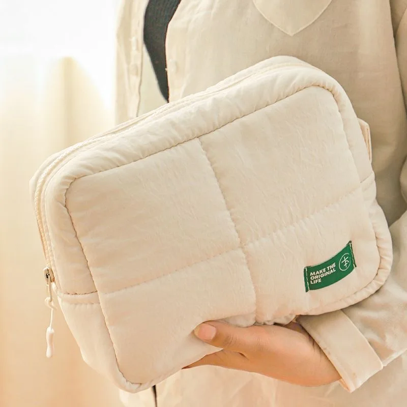 Suitcase Quilted Makeup Bag Puffer Solid Color Cosmetic Pouch Soft Square Skincare Storage Bag Sundry Organizer