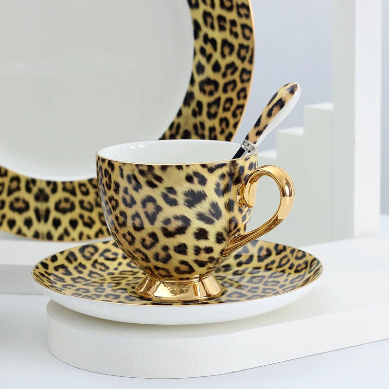 Porcelain coffee cup and coffee cup plate set, bone china tableware, drinkware, leopard print luxury design