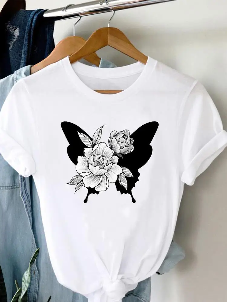 T-Shirt femme, estival et décontracté, avec imprimé papillon et aquarelle, dessin animé, à la mode