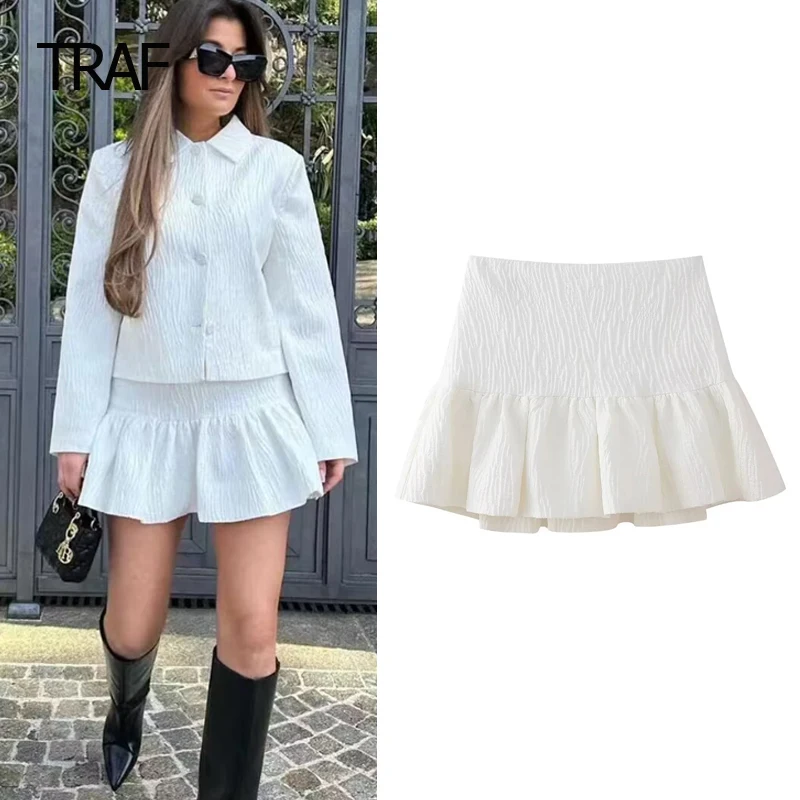 TRAF Mini White Short Skirt Women's Skirt Short Spring High Waist Bright Effect Short Skirt Korean Style Skirts Casual Shorts