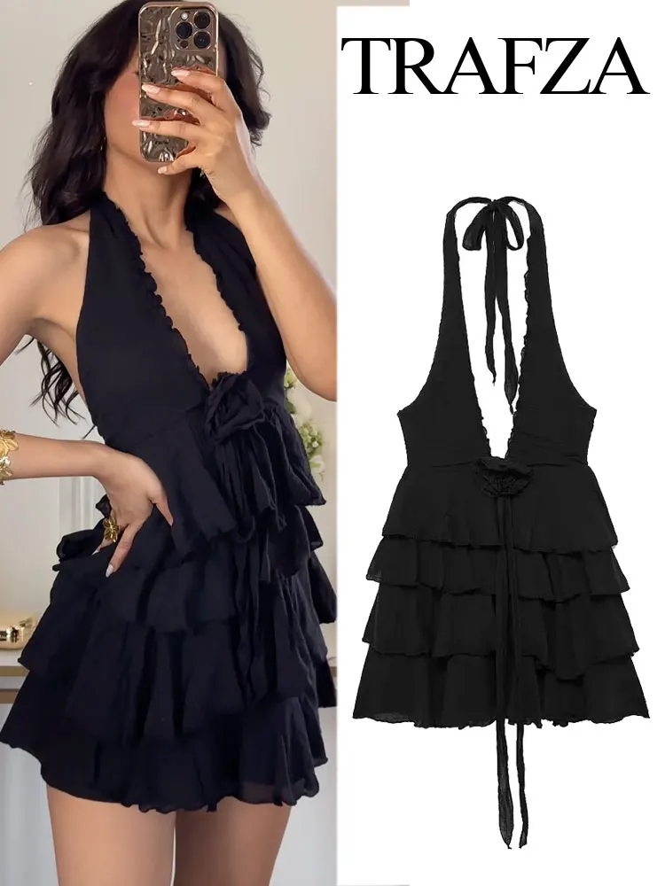 TRAFZA Women Fashion Dresses Black Sleeveless Backless Bow Lace-Up 3D Flowers Decoration Zipper Female Summer Sexy Mini Dress