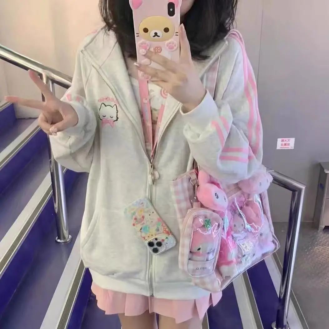 

Japanese Kawaii Zipper Hoodie Women Harajuku Vintage Sweatshirts Embroidery Oversized Hooded Spring Cute Jacket Coats Subculture