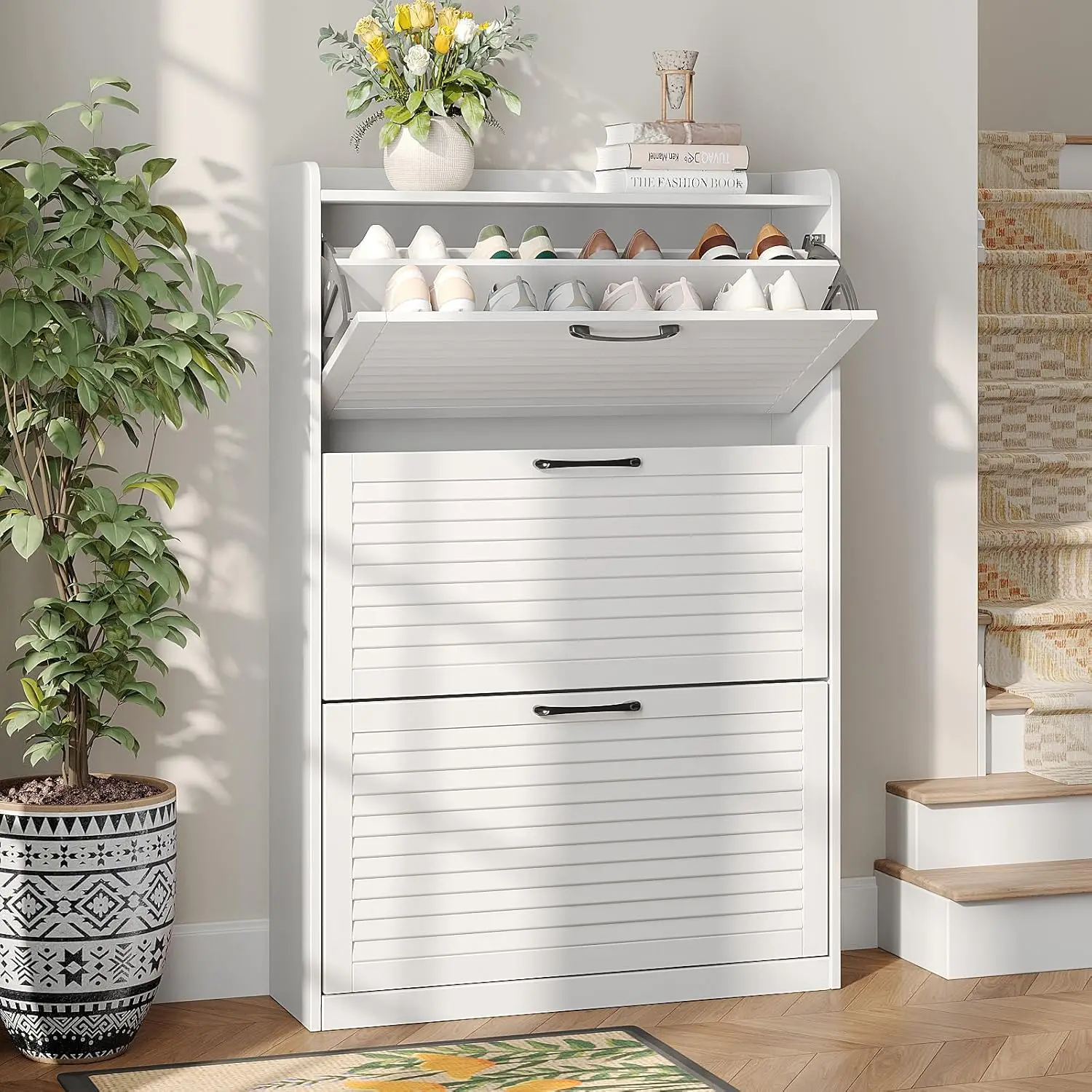 

Shoe Storage Cabinet With 3 Flip Louvered Doors, Freestanding Organizer With Metal Hinges, Shoe Cabinet For Entryway, Narrow