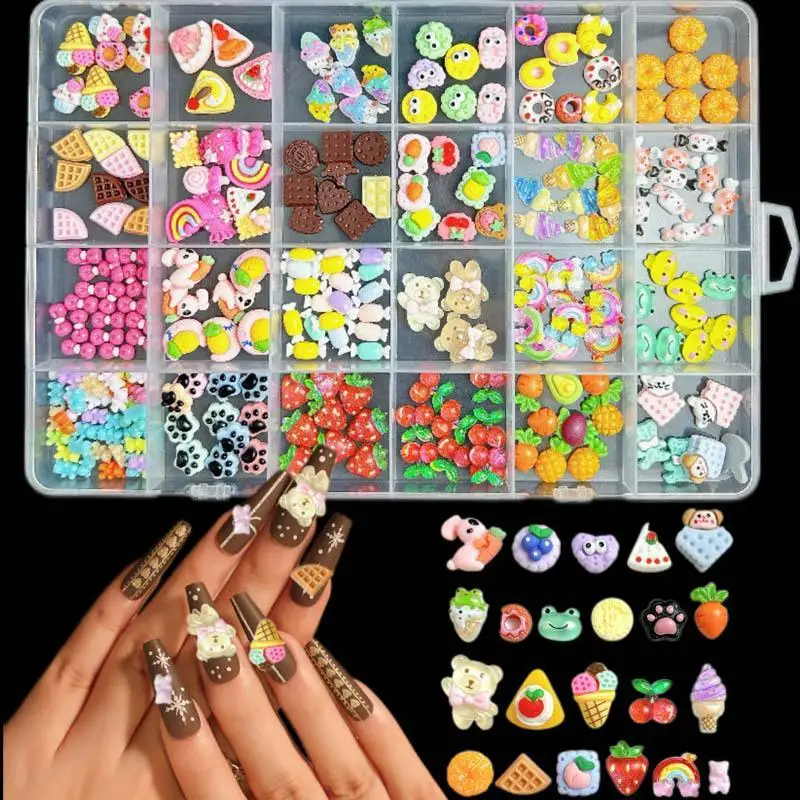 1Box Creative Big Eyes Waffle Cherry Resin Nail Charms Cartoon Cute Bear Ice Cream Cat Claw Mixed Nail Art Decorations DIY Nails