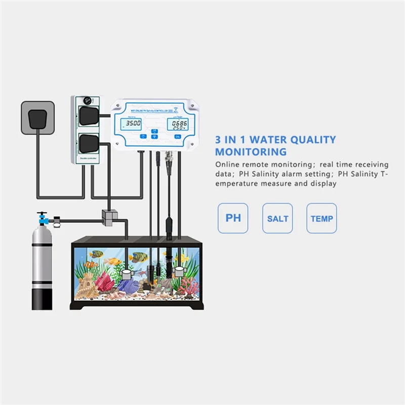 

3 In1 WiFi Water Quality Detector PH/Salinity/TEMP Electrode BNC Type Probe for Aquarium Hydroponics Monitor EU Plug