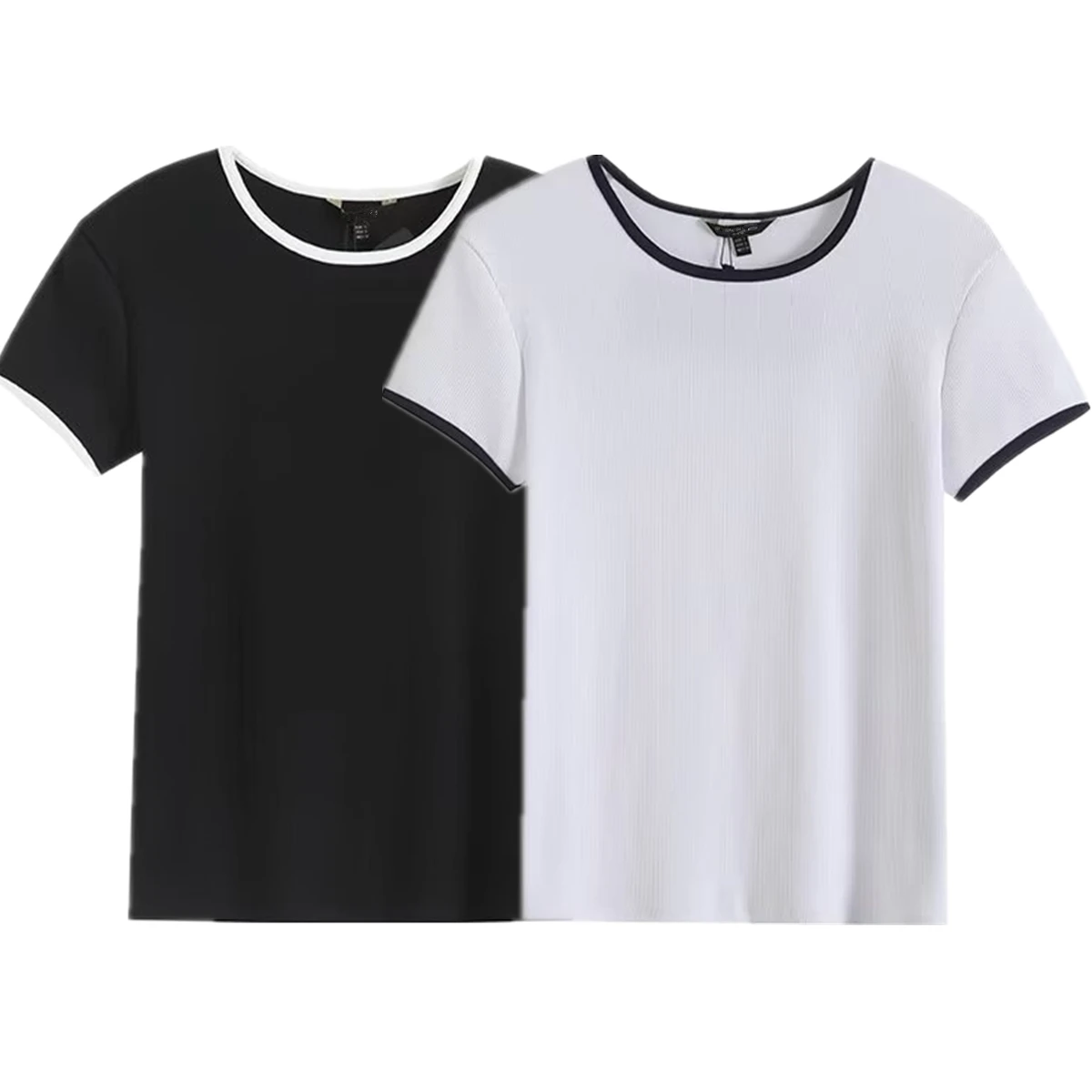 

Dave&Di Minimalist Retro Contrasting Round Neck Knit T-shirt Women Slim Fiting Casual Tops Camisetas Verano Mujer 2024