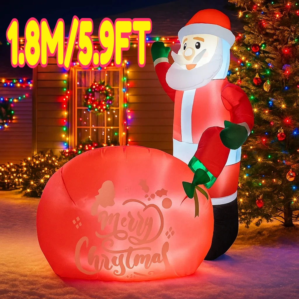 

1,8 м/5,9 фута надувной Санта-Клаус с подарочным пакетом, светодиодные украшения для дома, игрушки для двора, рождественский декор, уличный праздничный декор
