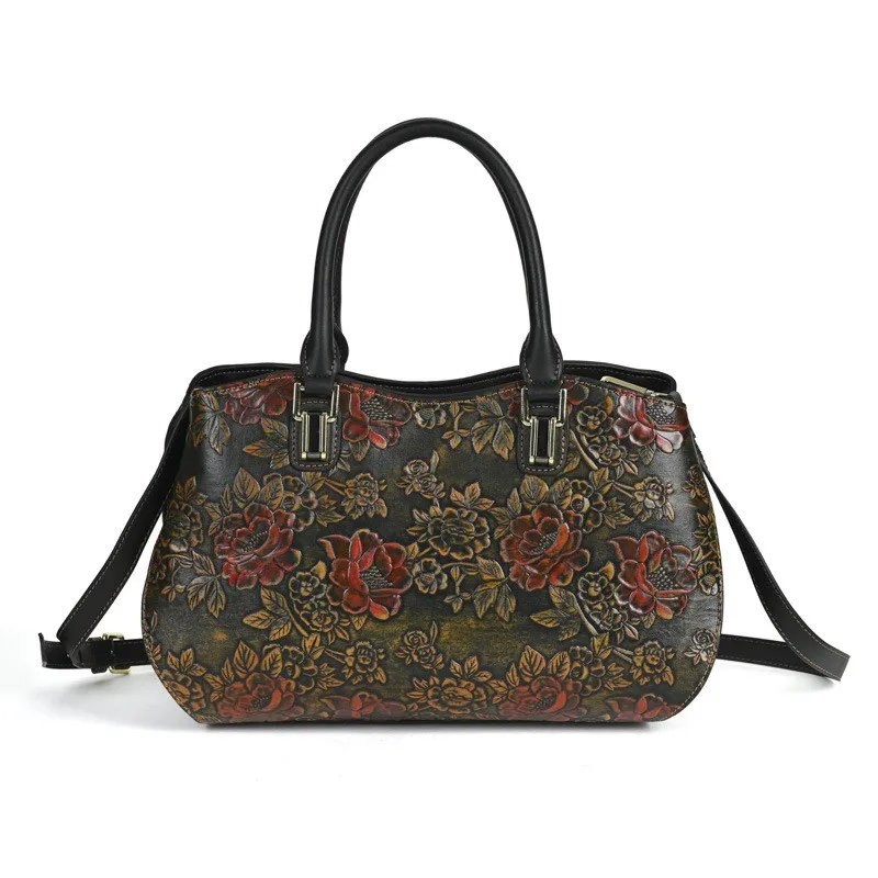 Johnature 2026 New Women's Bag Retro Embossed Handbag Versatile Hand Painted Cowhide Shoulder & Crossbody Bags