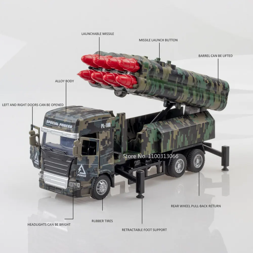 1:32 Simulation Military Missile Rocket Launcher Trucks Diecast Model Toy Vehicle Sound And Light Pull Back Gift Toys For boys