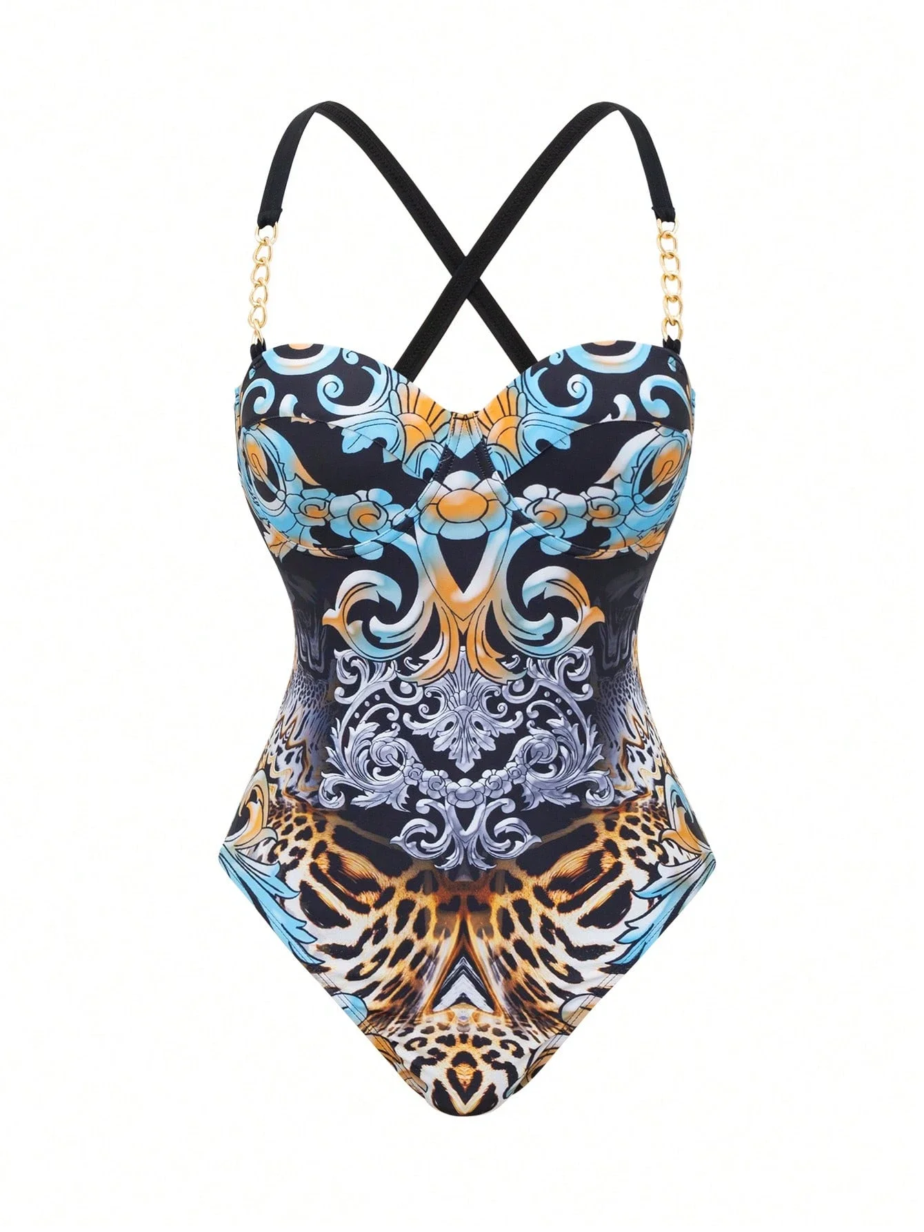 Leopard And Baroque Print One-Piece Swimsuit With Cross Back Straps And Gold Chain Detail For Summer Beach Wear