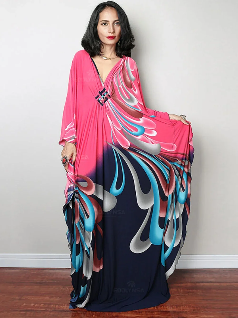 2024 Print Maxi Dress Batwing Sleeve Tunic Spring/Autumn Beach Dress Tunic Casual Plus Size Women Beachwear Kaftan Sarongs