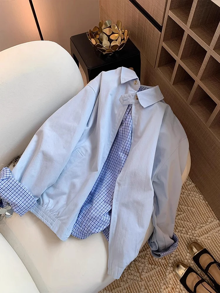 

Модная синяя клетчатая двусторонняя свободная женская куртка в корейском стиле для осени и весны, универсальное повседневное пальто с длинными рукавами на молнии