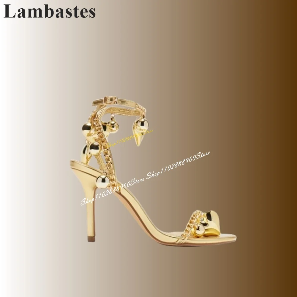 Luxury Gold Metal Chain Crystal Heart Sandals Thin High Heel Women Shoes Ankle Lock Strap Open Toe 2024 Sexy Zapatos Para Mujere