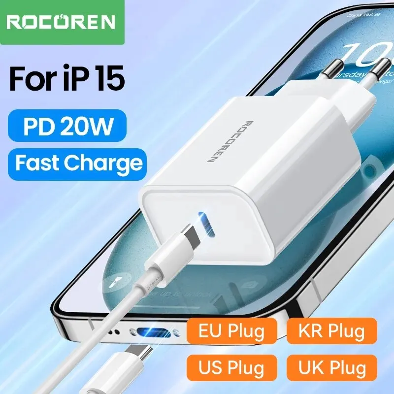 Rocoren PD 20W Original Fast Charge Type C USB Charger for Apple iPhone 15 Pro Max Xiaomi 13 12 Samsung Phone Charger with Cable