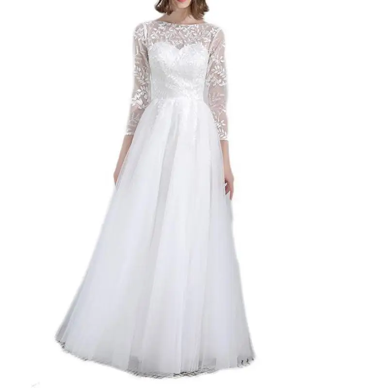 New Tulle Wedding Dresses Classic O-neck Bridal Dress With Lace Illusion Sleeve Elegant Simple Long A Line Sukienka Na Wesele