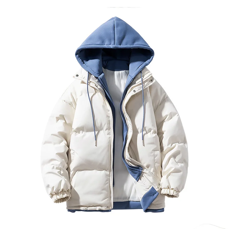 KIDWHXR Thicken Jacket Man Winter Korean Contrast Color Male Fake Two-piece Parkas Coat Loose Casual Men Hooded Outerwear