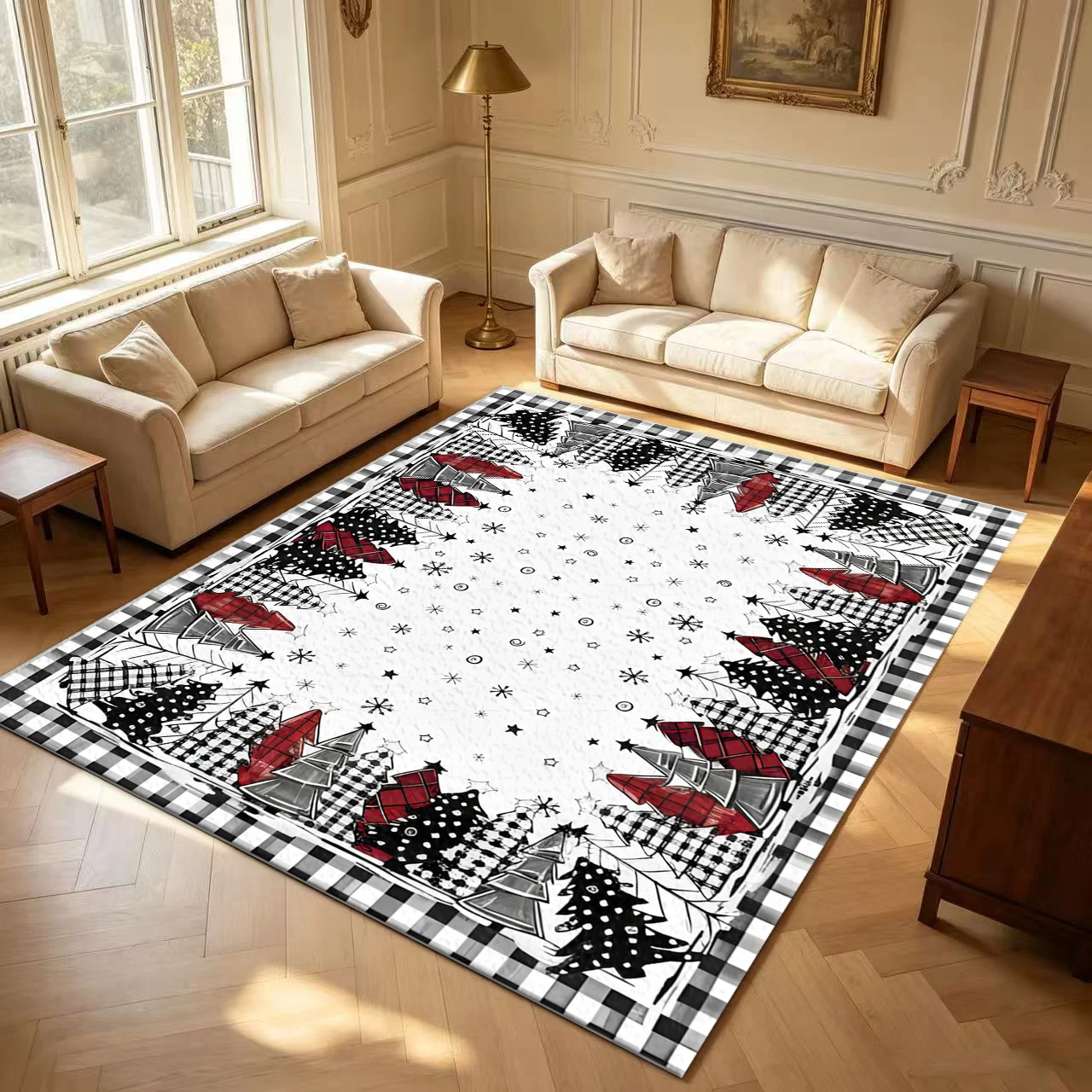 Buffalo Plaid Christmas Tree Border Rug
