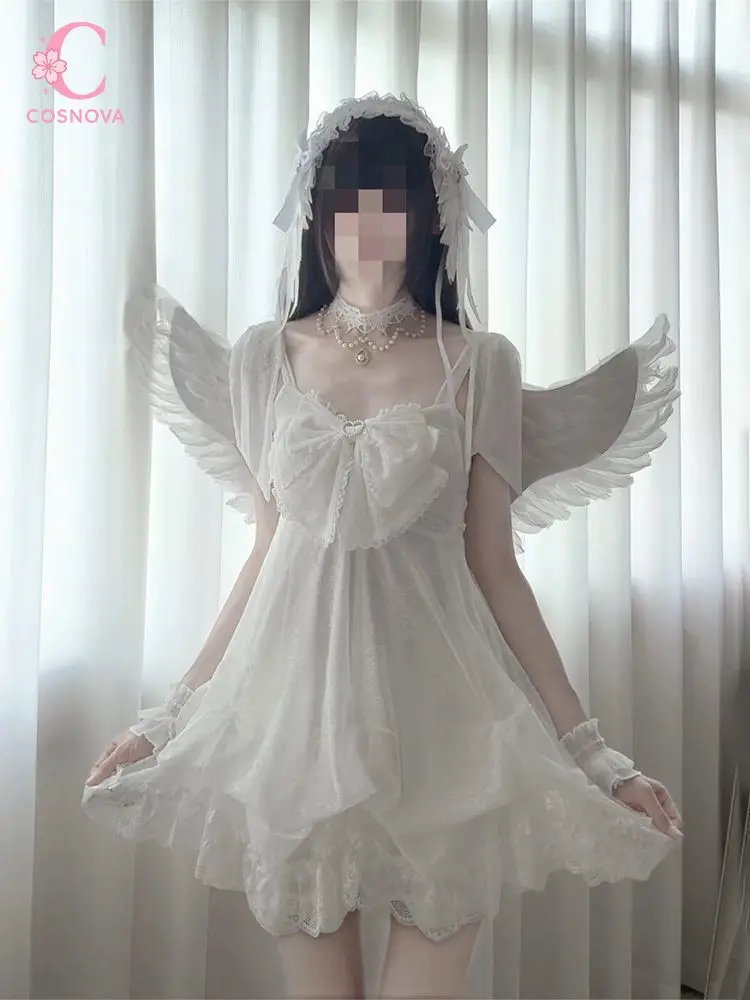 Japanese Vintage Sweet White Lolita Camisole Dress Women Lace Trim Big Bow Puff Sleeve Ruffle Hem Slim Fit Mini Dress Elegant