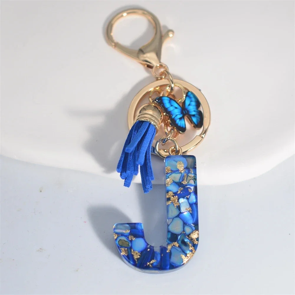 Modischer blauer glasierter Stein, A bis Z, Buchstaben-Schlüsselanhänger, 26 Initialen, Alphabet, Schmetterling, Quaste, Anhänger, Auto-Schlüsselanhänger, Damenschmuck, Geschenke