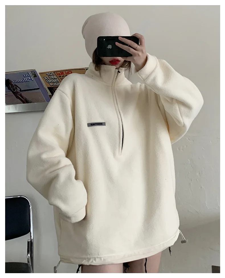 2022 Spring Autumn Sweatshirt Women New Fashion Kpop Loose Fleece Coat Original Design Lambhair Thickened Clothes