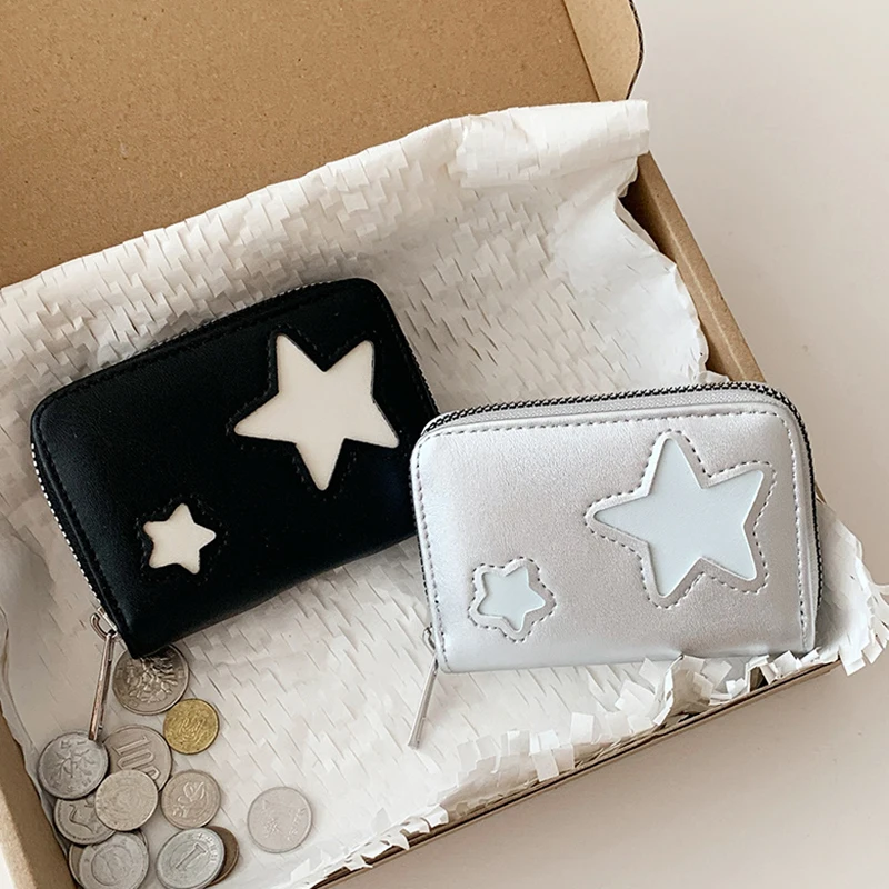

Серебряный кошелек для девочек с звездами, короткий, для студенческих и банковских карт, с молнией, для женщин, для хранения ключей, монетница