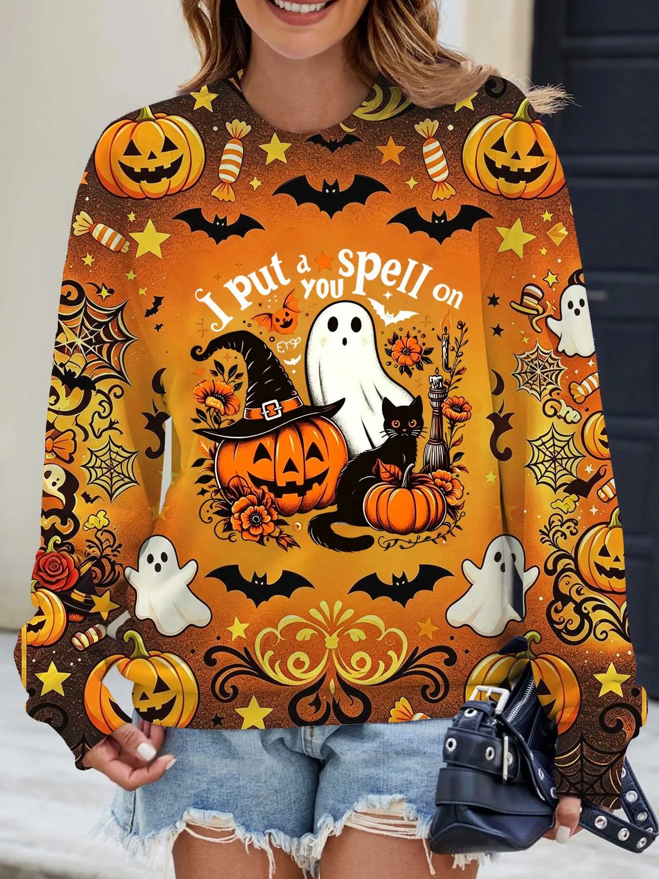 Women Round Neck Long Sleeve T-shirt Fashion New Street Top Halloween Ghost Pumpkin Print Casual Autumn Ladies Daily Clothes