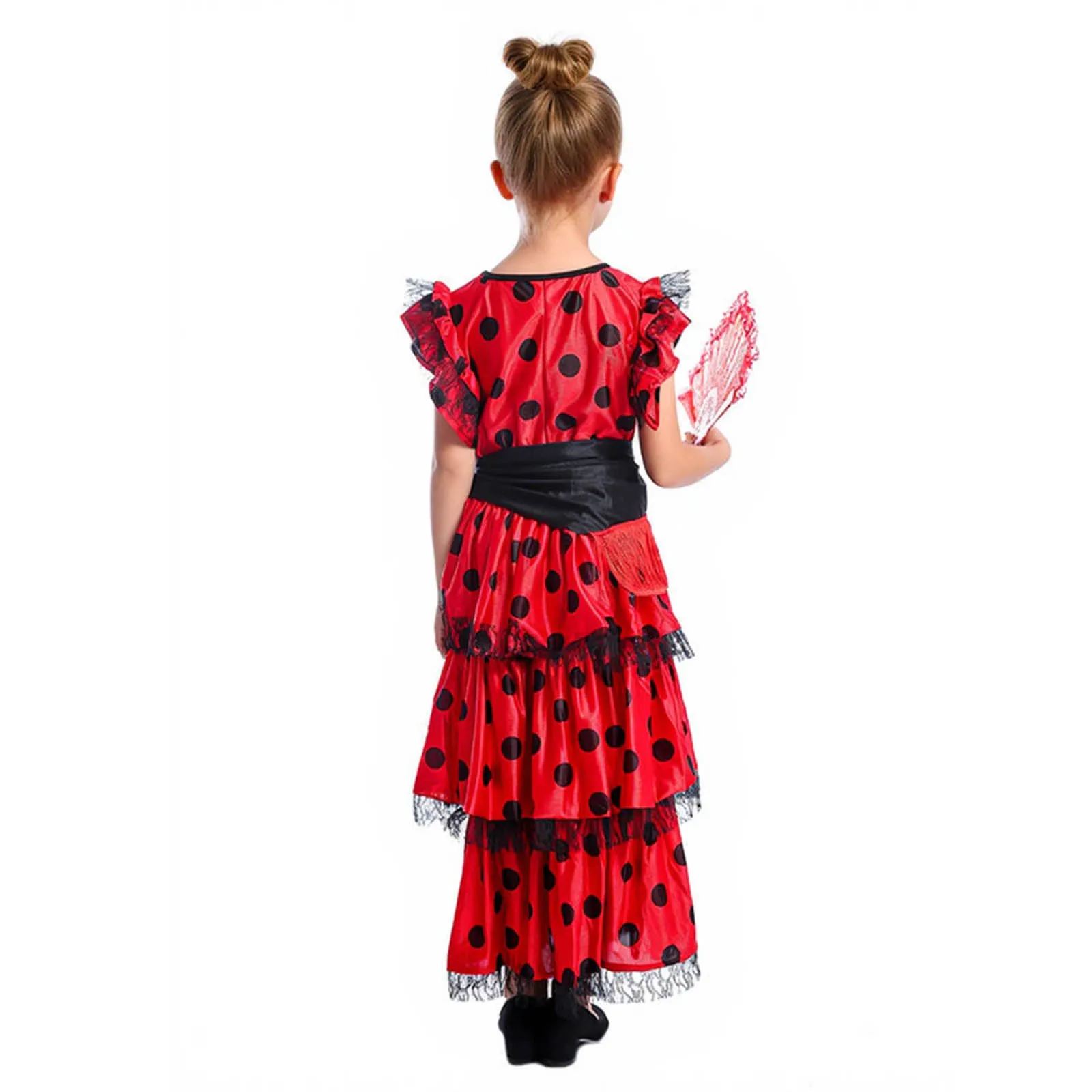 Kids Girls Spanish Flamenco Dance Dress Flying Sleeves Polka Dot Lace Layered Ruffled Dresses+Matched Fan+Side Tie-Up Waist Belt