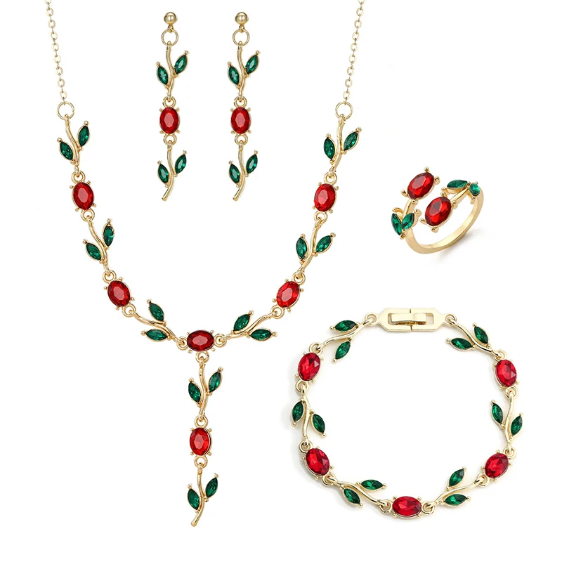 4Pcs Bridal Rhinestone Jewelry Set Leaf Crystal Necklace Earrings Bracelet Ring Women Wedding Prom Evening Dress Jewelry Gifts