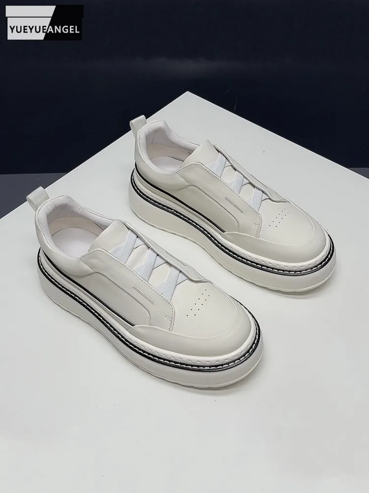 

Comfortable Fashion Male Genuine Leather Breathable Thick Platform Casual Men Skateboard Shoes Elastic Band Round Toe Cowhide