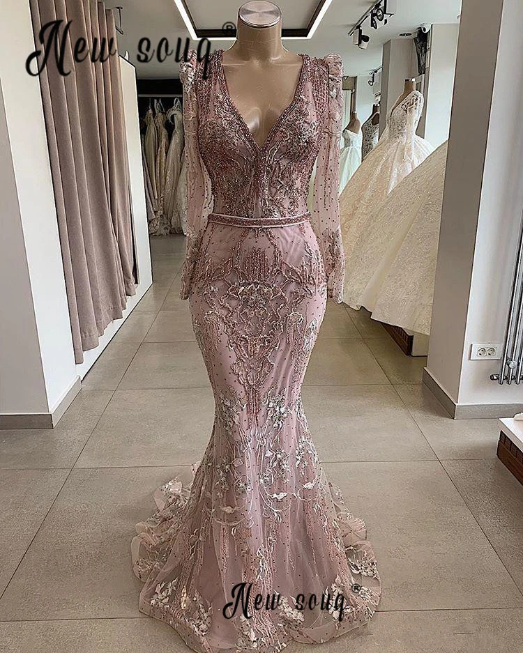 

Retro Long Sleeve Deep V Neck Blush Pink Evening Dress Arabic Plus Size Elegant Wedding Party Dresses Second Reception Gown 2023