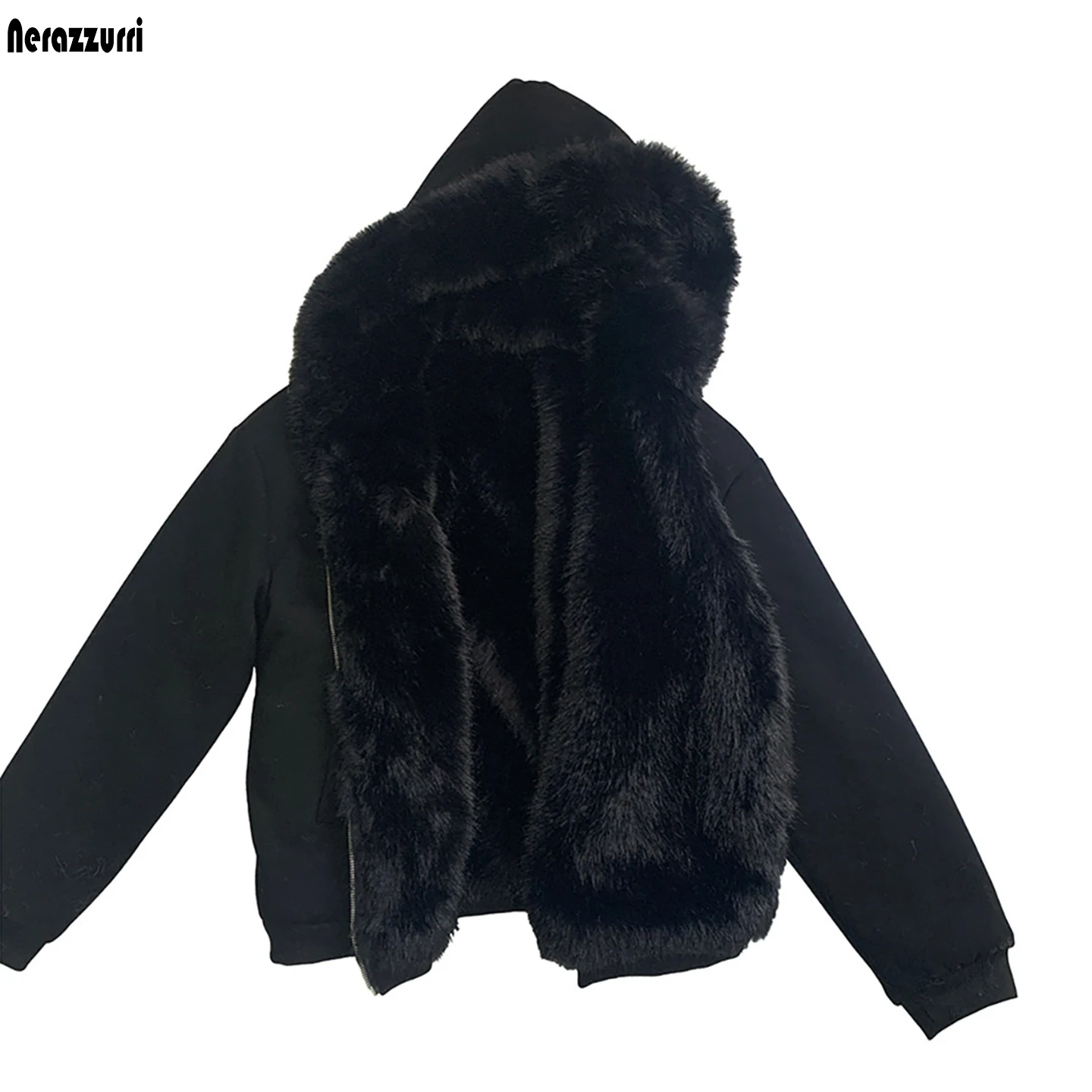 Nerazzurri Winter Oversized Thickened Warm Black Reversible Faux Fur Hoodie Parka Coat Men Zipper Loose Casual Fluffy Jacket
