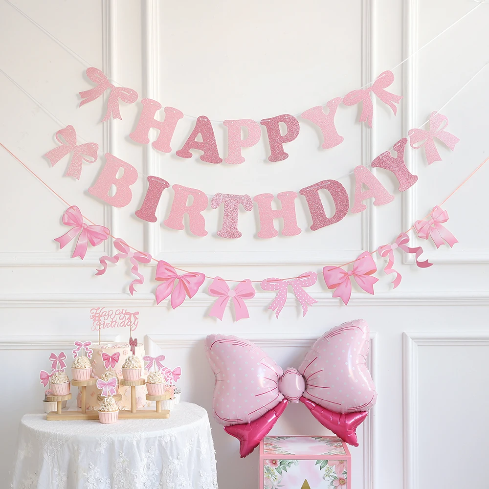 Roze Strik Banner Cake Toppers Spirl Paarse Vlindervlag Meisjes Prinses Verjaardagsfeest Benodigdheden Bruiloft Baby Shower Decoratie