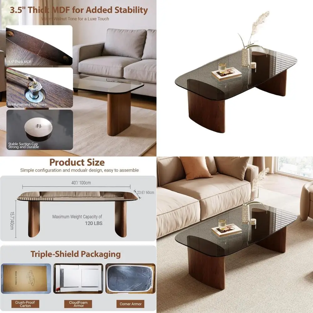

Stylish Walnut Coffee Table with Tempered Glass Top for Living Spaces, Ideal for Apartments and Offices