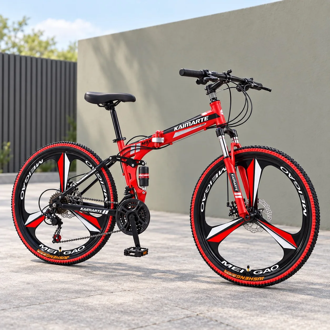 24 Inch 21 Speed Red 3-Spoke Wheel Folding Mountain Bike Dual Shock Absorption Disc Brake City Comfortable Student Bicycle