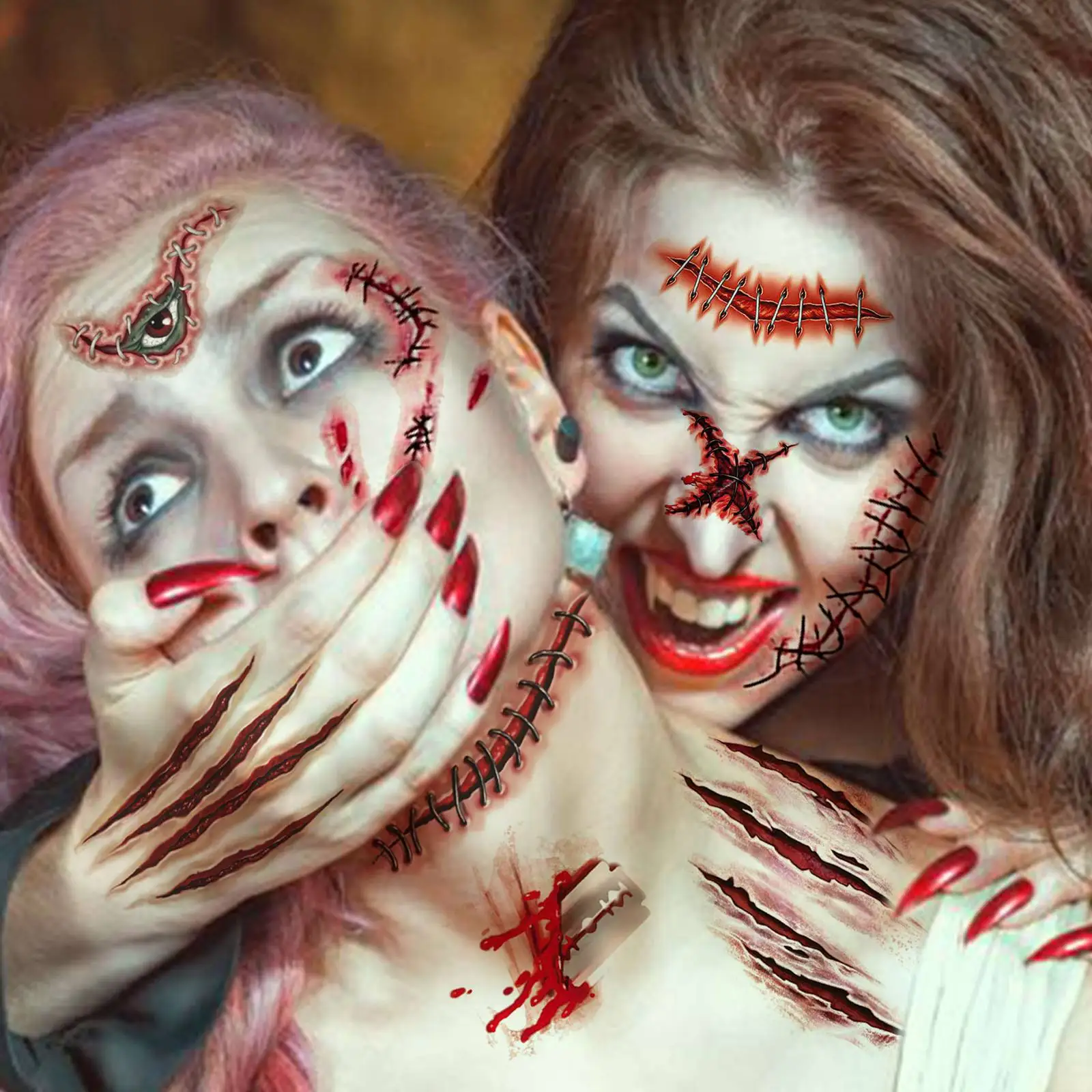 20 ورقة واقعية ندبة الدموية سستة الوشم المؤقت للرجال النساء الكبار الرهيبة غيبوبة مصاص دماء تأثيري الوجه هالوين