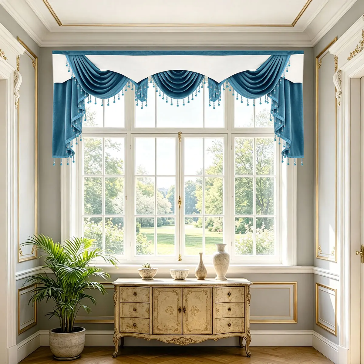 Two-Tone White Teal Velvet Swag Valance with Bead Tassels & Side Panels, Luxury European Decor Window Header for Living Bedroom