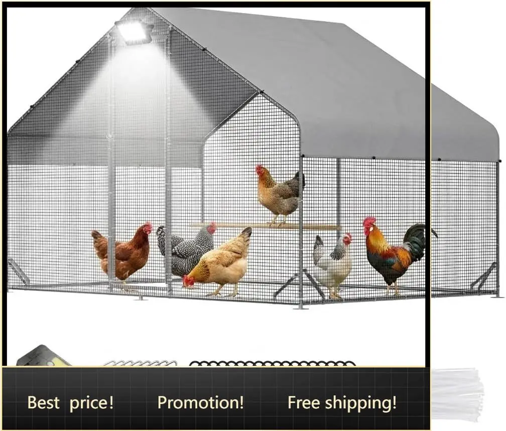 

Large Metal Walk-in Chicken Coop with Run & Hardware Cloth, Predator-Proof Outdoor Poultry Cage with Solar Light, Waterproof & U