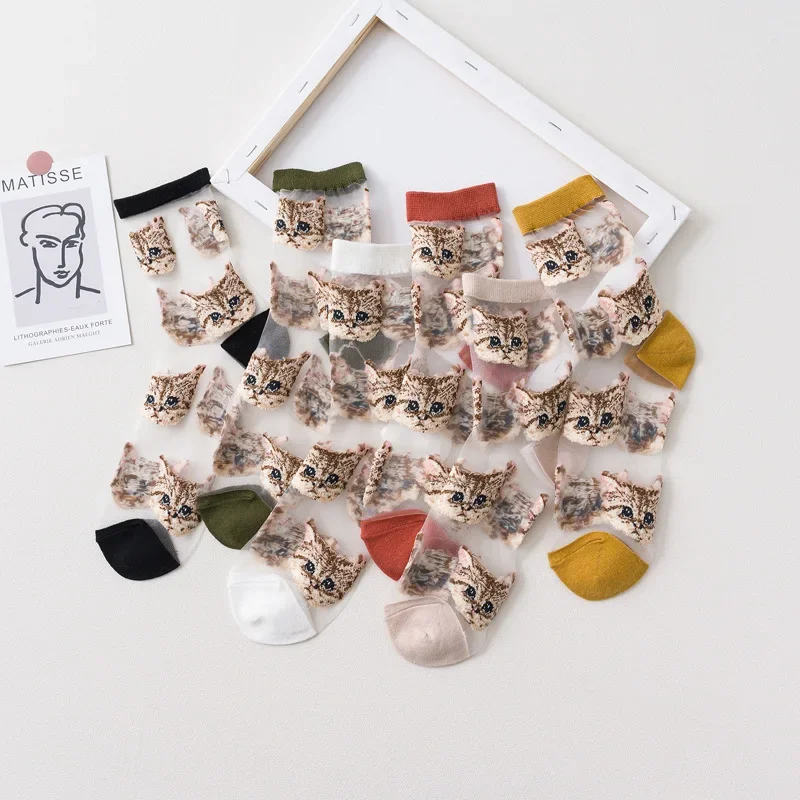 Women Transparent Cute Cat Socks Korean Fashion Ladies Summer Thin Crystal Silk Socks JapaneseTrendy Kawaii Glass Fiber Socks