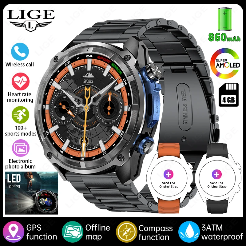 

LIGE 2026 GPS Offline Map Tracker Compass Smart Watches For Men 466*466 AMOLED Screen 4GB Memory Music Video Playback Smartwatch