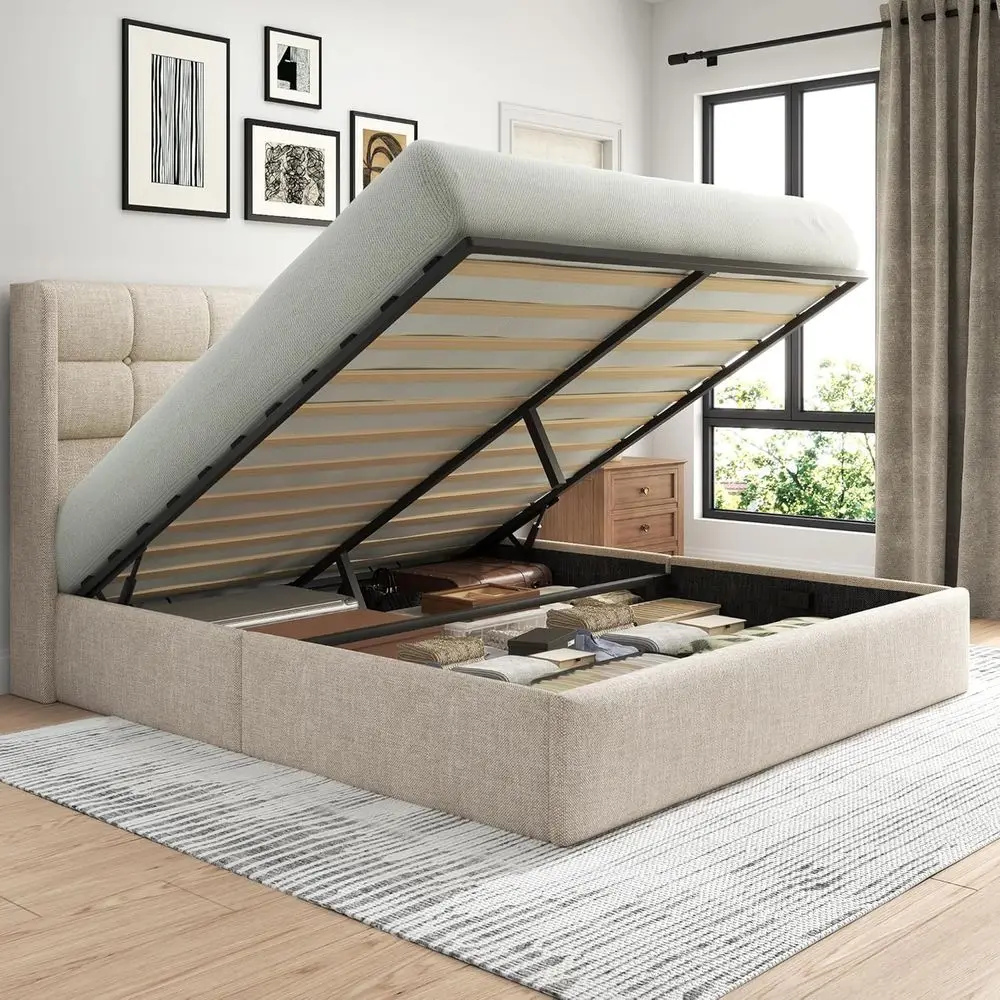 

Beige Linen Upholstered Queen Storage Bed with Button-Tufted Wingback Headboard, Hydraulic Lift, No Box Spring Needed