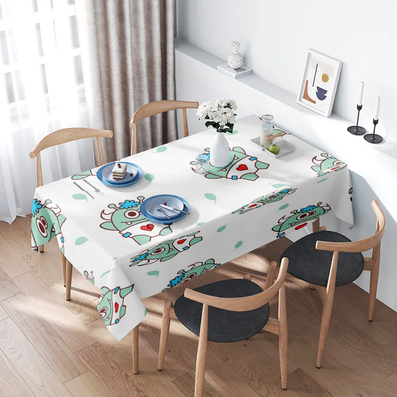 Cute Monster Tablecloth Set Home Decor Supplies for Dining Room or Kitchen White with Blue Green Cartoon Print Perfect Gift Idea