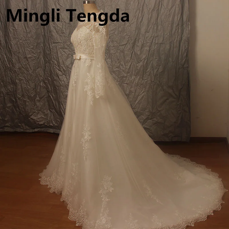 Mingli Tengda Lace Long Sleeved Bridal Dresses For Womem O Neck Wedding  Party Dress with Bow Belt Elegant Birde Gala Dresses