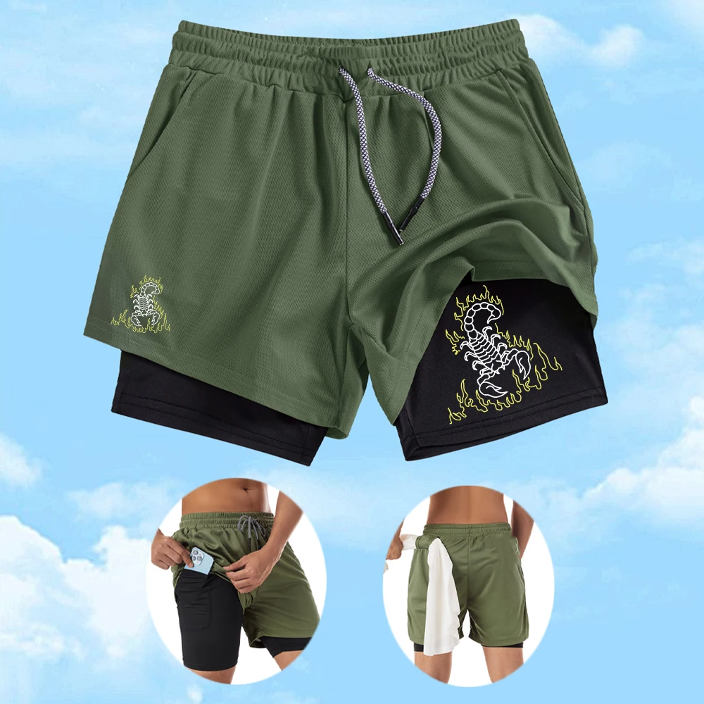 

Men's Creative Scorpion Print Quick Dry Running Shorts Elastic And Breathable 2 In 1 Fitness Cycling Drawstring Shorts