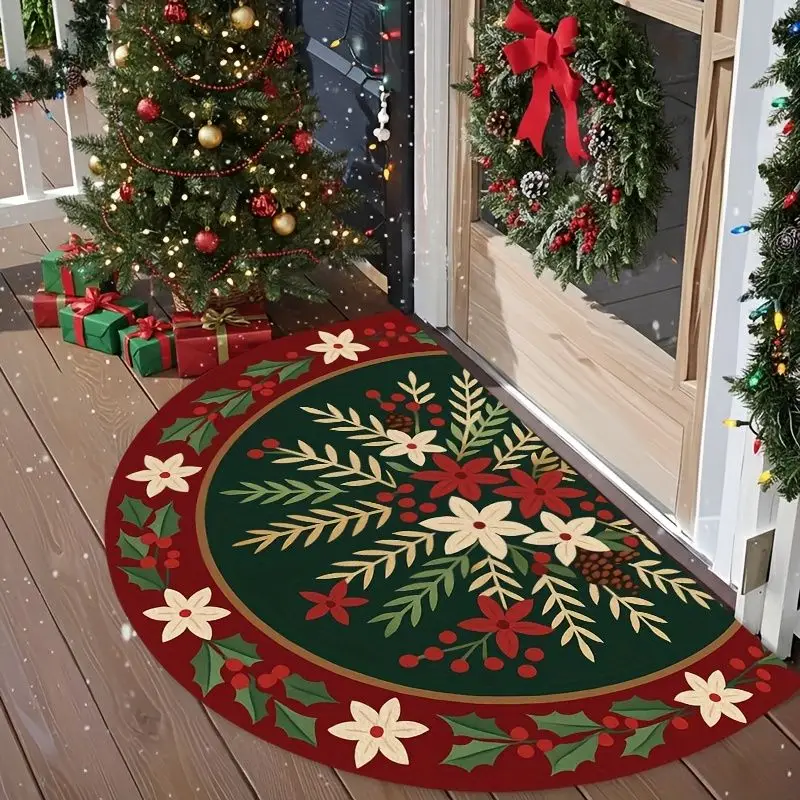 VIKAMA Semi-Circular Christmas Holly Berry Doormat Anti-Slip Floor Rug For Entryway Foyer Indoor Home Party Holiday Decor