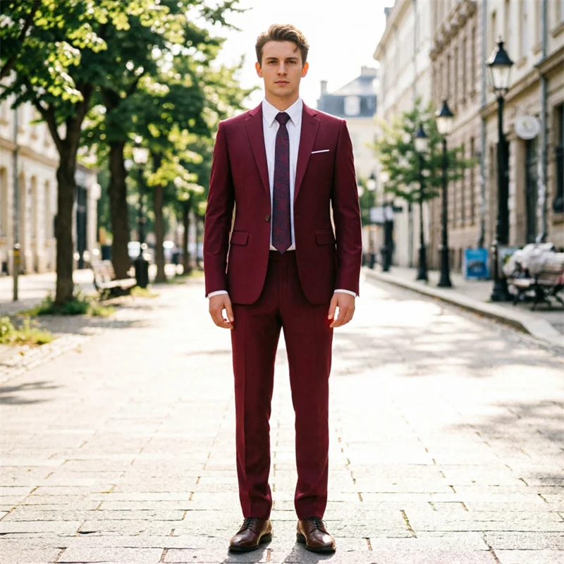 

Men's Rose Red Suit Two-piece Set, European Size Fitted Jacket with Pants, Suitable for Weddings, Offices or Interviews.